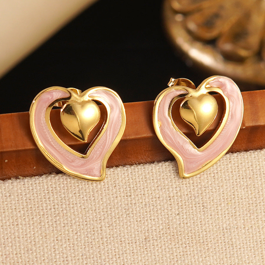 Vintage Sweet Irregular Hollow Heart Drip Oil Stainless Steel Earrings