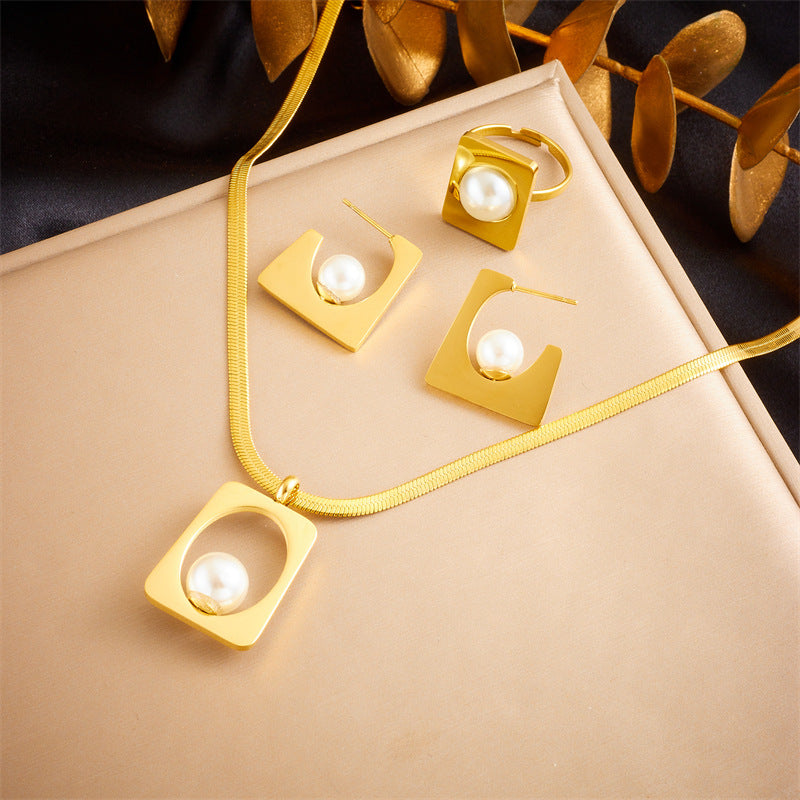 Irregular Shape Pearl Inlay Stainless Steel Plated Jewelry Set for Women Necklace Earrings Bracelet