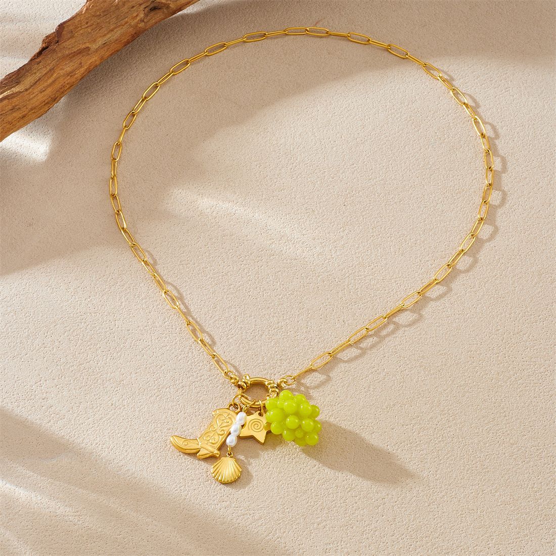 Sweet Stainless Steel Plated Star Charm Bar Necklace with Grape Boot Shell Pendants for Women
