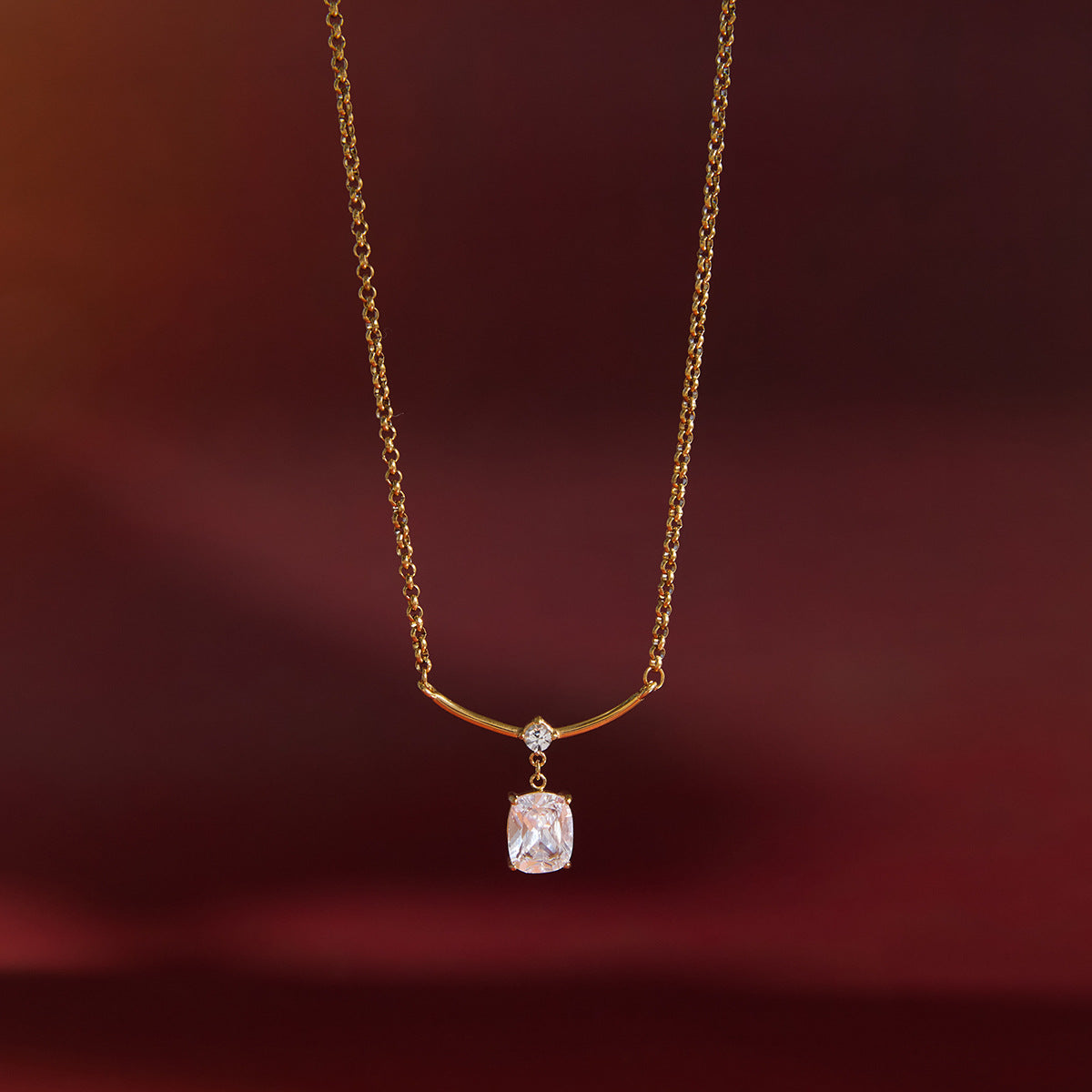 Minimalist Geometric Square Stainless Steel PVD Cubic Zirconia Pendant Necklace for Women