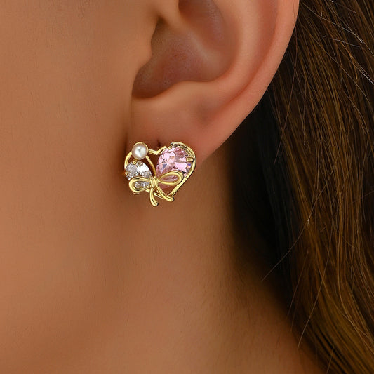 Orecchini Minimalisti a Cuore in Rame con Intarsio di Zirconi per Donna, Orecchini a Perno Leggeri di Lusso