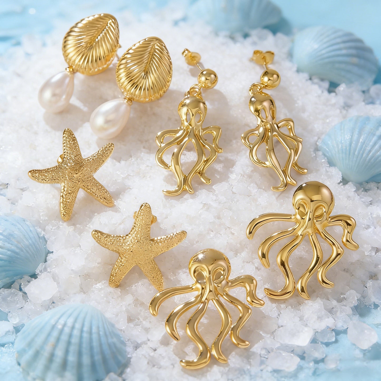 Elegant Stainless Steel Starfish Shell Pearl Stud Earrings for Women
