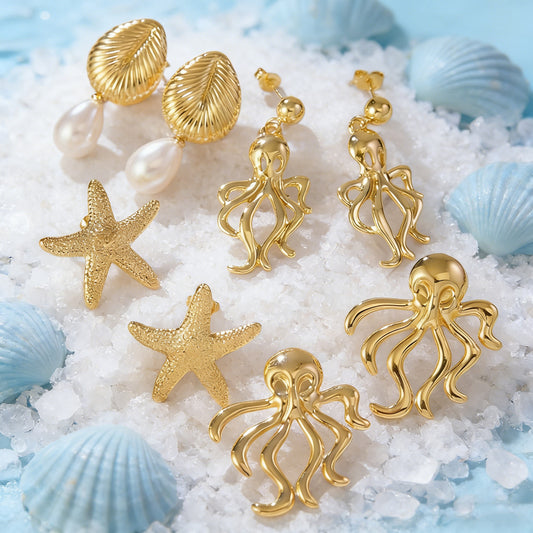 Elegant Stainless Steel Starfish Shell Pearl Stud Earrings for Women