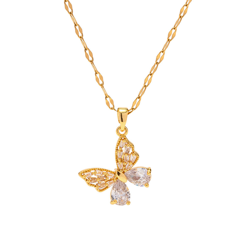 18K Gold Plated Stainless Steel Butterfly Pendant Necklace with White Zircon Geometric Design for Women