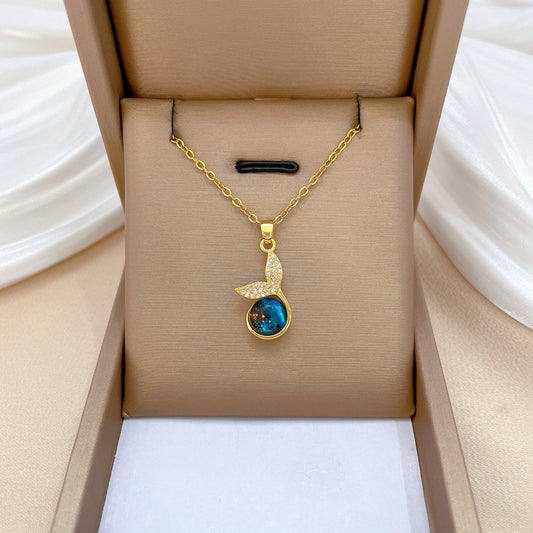 Mermaid Tail Starry Sky Luxury Rhinestone Necklace Titanium Steel Geometric Pendant Necklace for Women and Men
