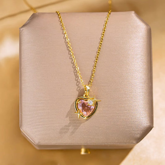 Original Design Heart-Shaped Pink Rhinestone Pendant Necklace in Titanium Steel with Gold Plating on O-Chain for Unisex Wear