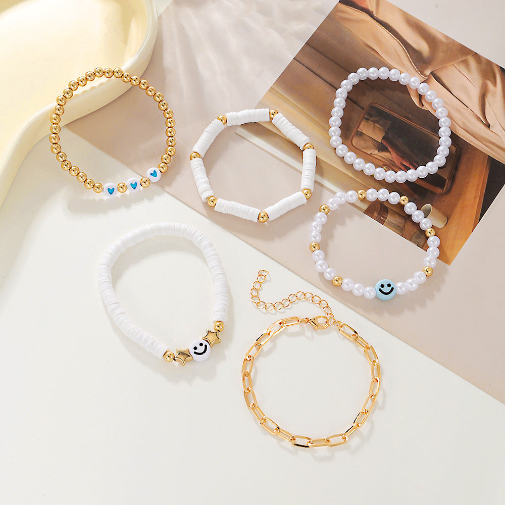 Bohemian Geometric Round Pearl Resin Bracelet Set Plated Smile Face Design for Women and Men