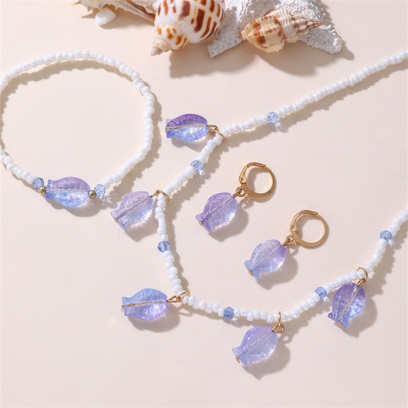 Set Collana con Fiocco Minimalista Blu Perla per Bambini con Bracciale Abbinato, Orecchini a Clip e Anello in Resina