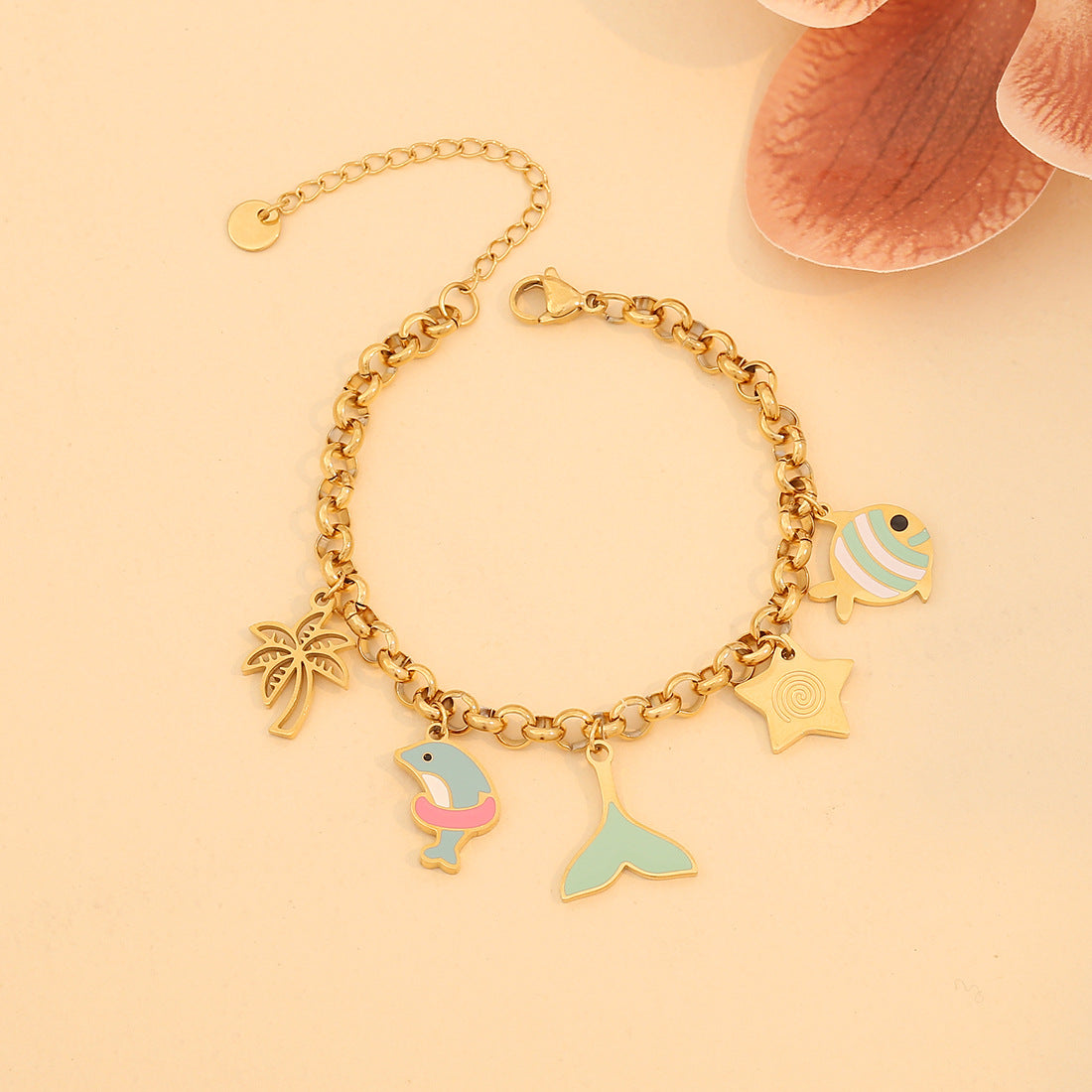 Bracciale da donna in acciaio inossidabile con farfalla e stella smaltate, motivi delfino e pesce