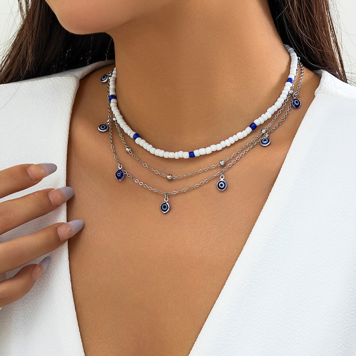Bohemian Vintage Geometric Acrylic Eye Beaded Ball Chain Necklace for Women