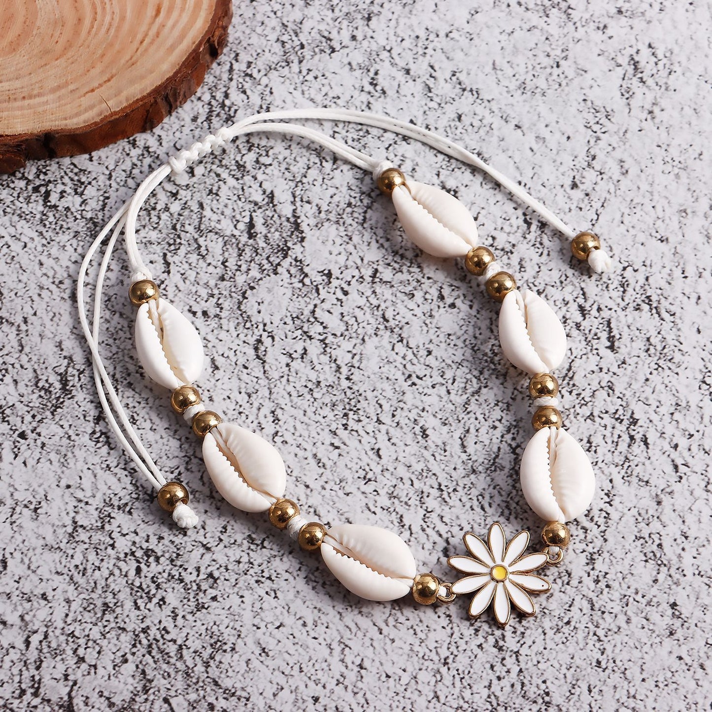 Bohemian-Inspired Adjustable Shell Anklet with Enamel Floral Design for Women