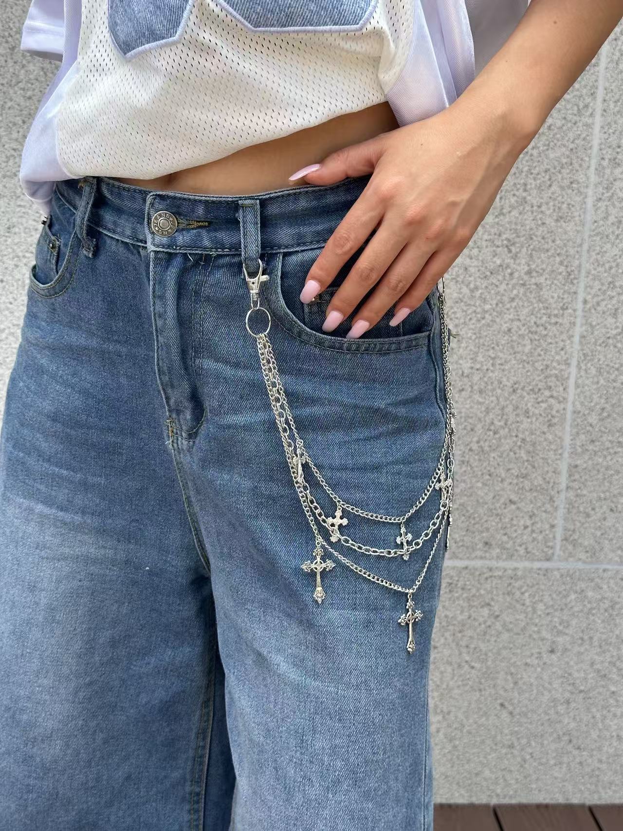 Catenina da vita in metallo stile hip-hop con perle e design floreale unisex