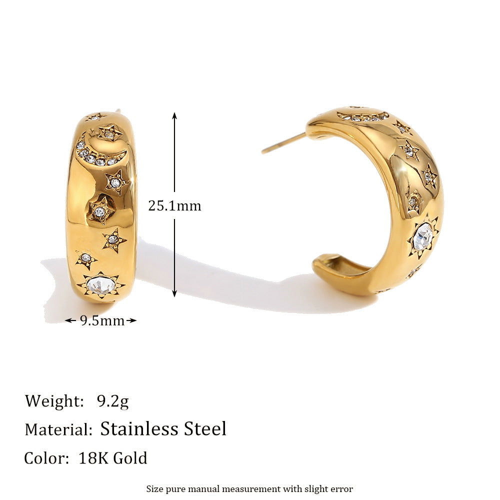 Fashionable Minimalist Star and Moon Shaped Stainless Steel Plated 18K Gold Bracelet with White Rhinestones for Women