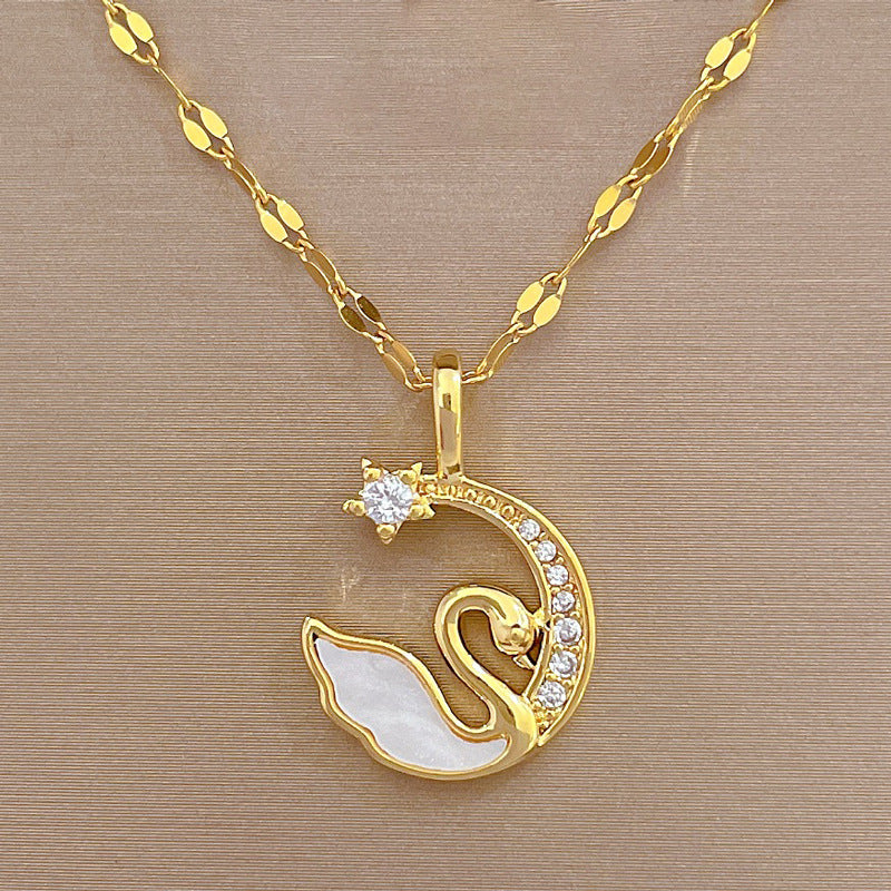 Elegant Moon and Swan Pendant Necklace in Stainless Steel with Geometric Design for Women and Men