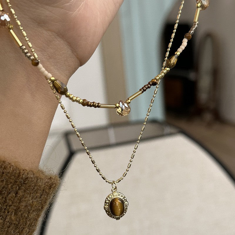 Collana con Ciondolo Vintage a Occhio di Tigre Geometrico Placcata Oro 18K Lunga per Maglione da Donna