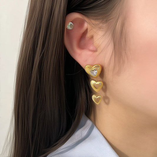 Ins Style Heart Shaped Zirconia Studded Stainless Steel Dangle Earrings with 18K Gold Plating and Textured Waterproof Finish
