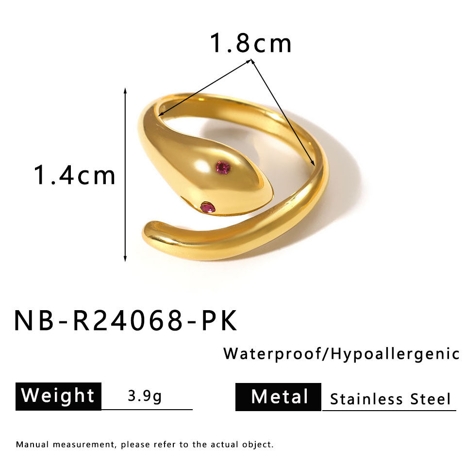 Anello da donna a forma di serpente geometrico con intarsio di zirconi e placcatura in oro su acciaio inossidabile