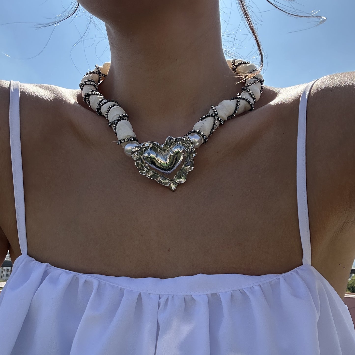 Vintage Elegant Heart Geometric Rhinestone Pearl Necklace for Women