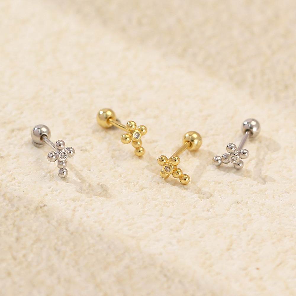 Sweet Punk 925 Sterling Silver Cross Plated Rhinestone Threaded Stud Earrings