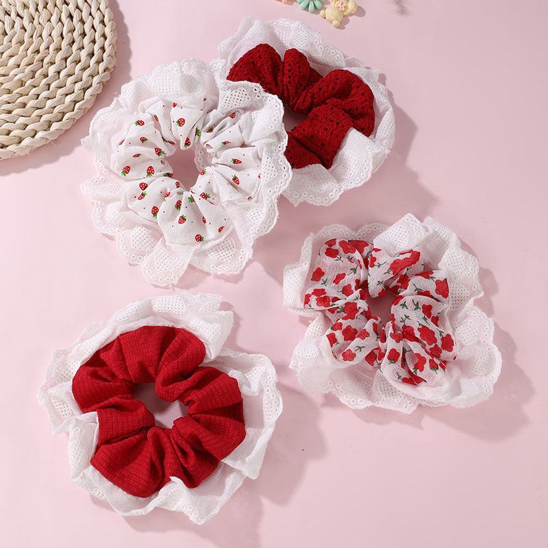 Juego de gomas para el pelo de encaje floral rosa para niñas con diseño de dibujos animados en tejido de punto estilo princesa