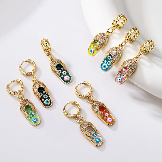 Minimalist Geometric Drip Enamel Eye Pendant Earrings for Women in Brass with Real Gold Plating and Zirconia