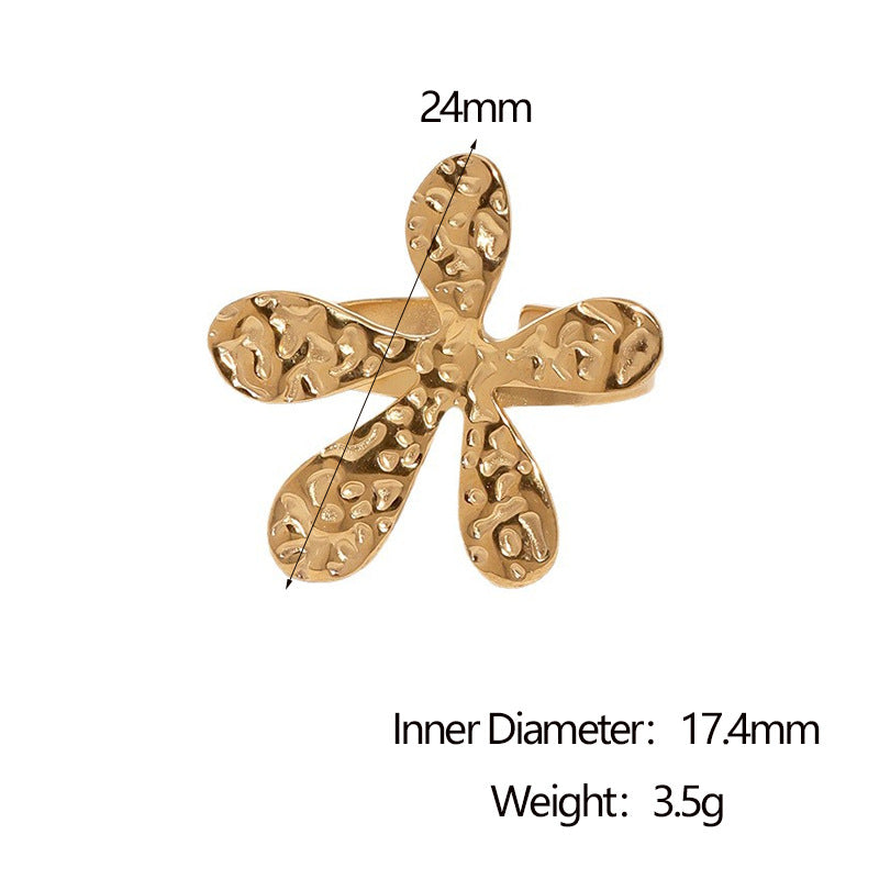 Anello aperto minimalista martellato a fiori, in acciaio inossidabile placcato oro 18 carati, gioielli alla moda da donna