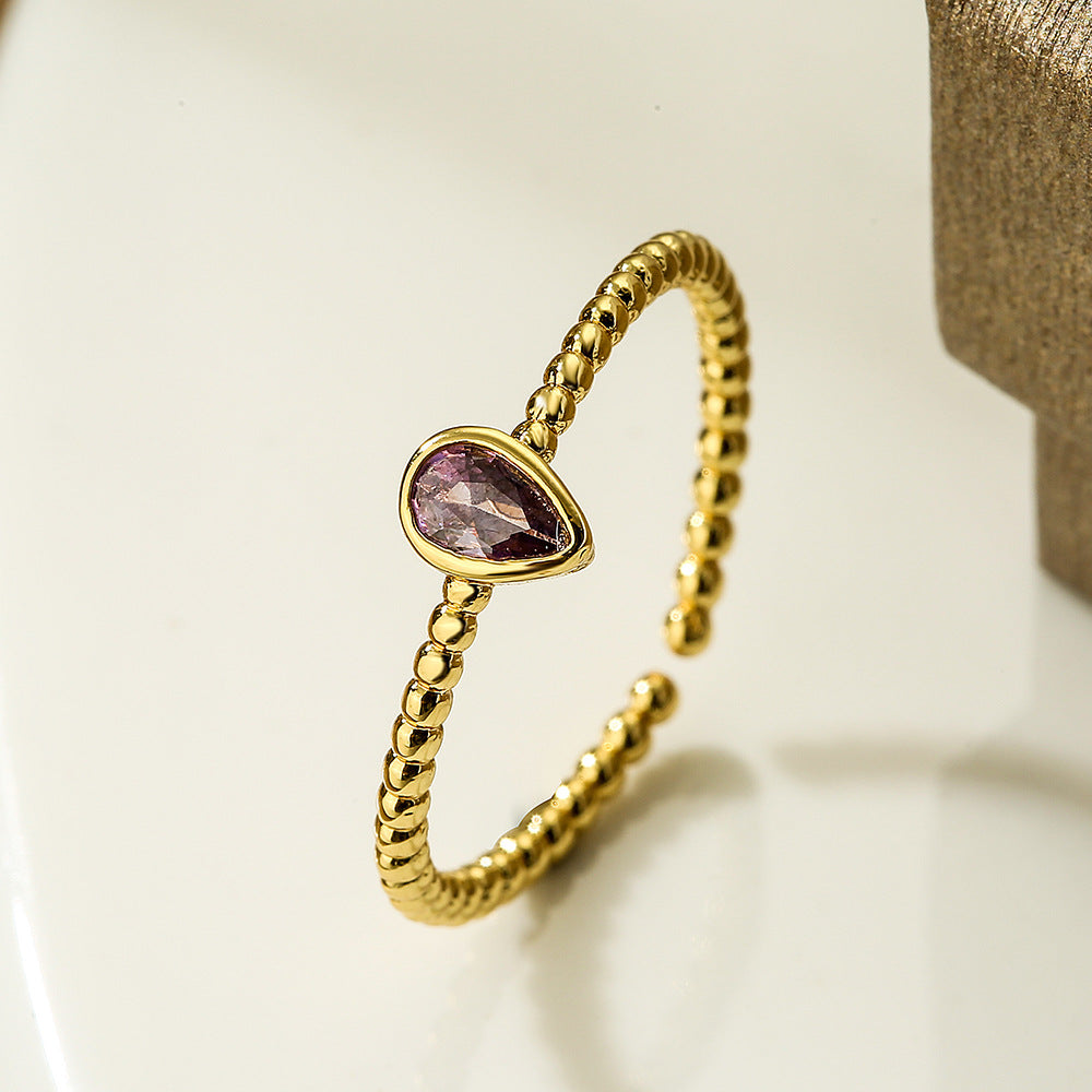 Anello geometrico minimalista in rame con placcatura in oro 18 carati e intarsio in zircone, fascia aperta regolabile da donna