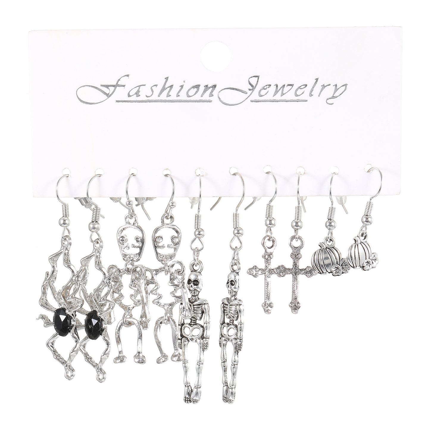 Juego de pendientes grandes con temática de Halloween, diseño geométrico de aleación bañada en plata con motivos de calaveras, calabazas y arañas para mujer