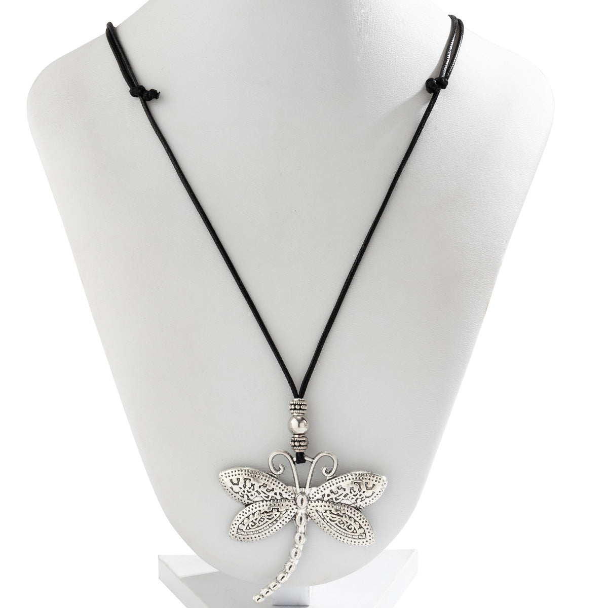 Bohemian Style Dragonfly Pendant Necklace for Women Alloy Geometric Animal Design Electroplated Adjustable Wax Cord Necklace