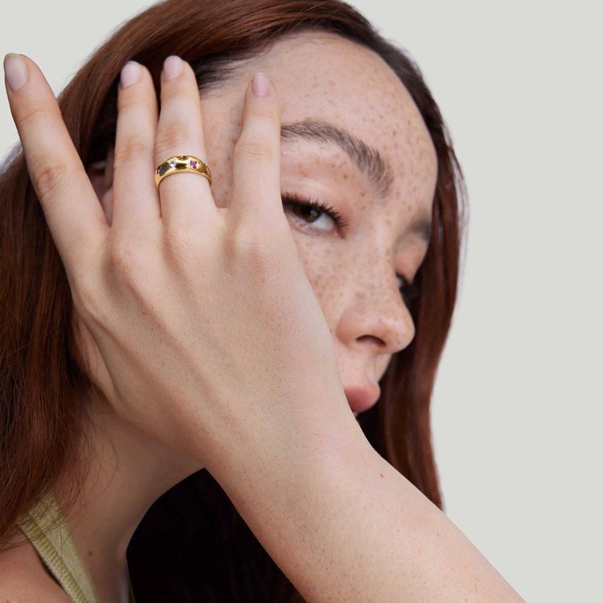 18K Gold Plated Geometric Round Stainless Steel Ring with Colorful Cubic Zirconia for Women