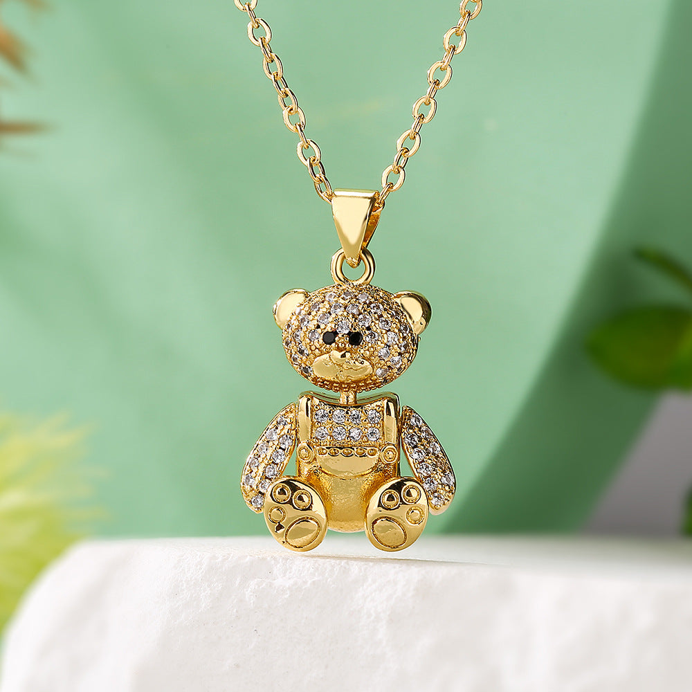 Minimalist Bear-Shaped Copper Pendant Necklace with 18K Gold Plating and Zircon Accents for Women