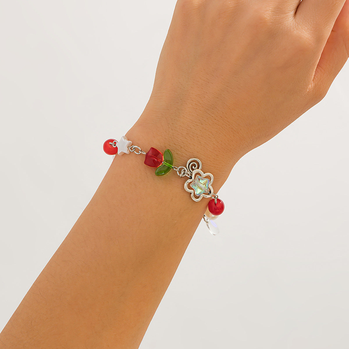 Ins Style Strawberry Pendant Necklace with Pearl-Look Beads, Heart and Star Charms, Tassel Accents, Plated Alloy, Handmade Chain for Women