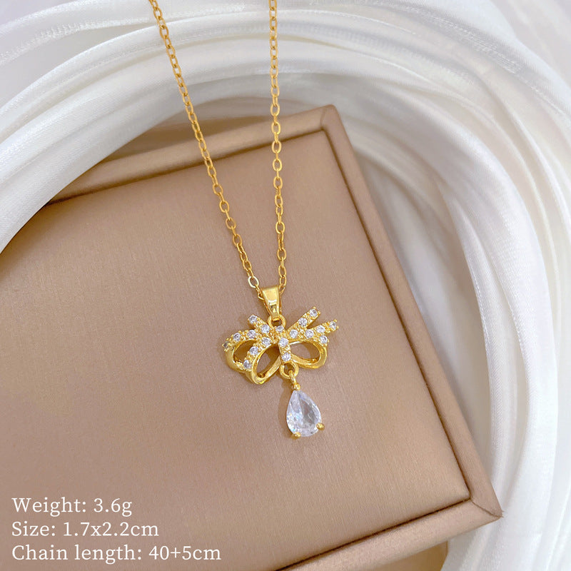 Elegant Butterfly-Shaped Titanium Steel Necklace and Earrings Set with Full Rhinestone Inlay for Women