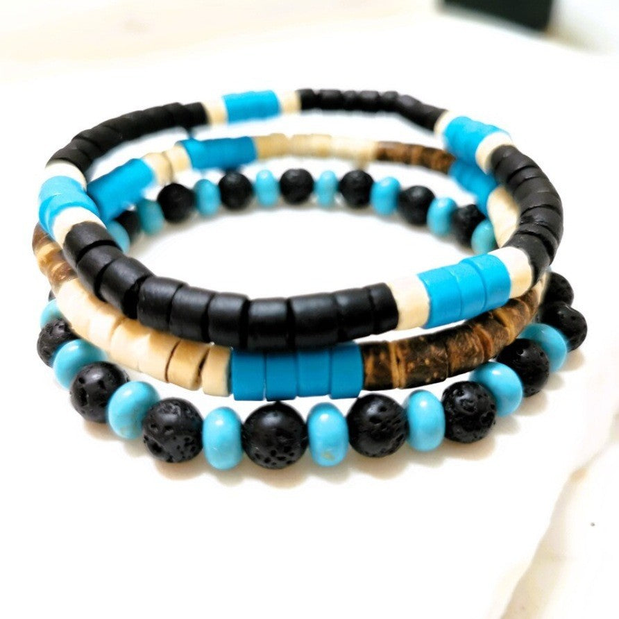 Vintage Handmade Round Wood Agate Turquoise Beaded Bracelet