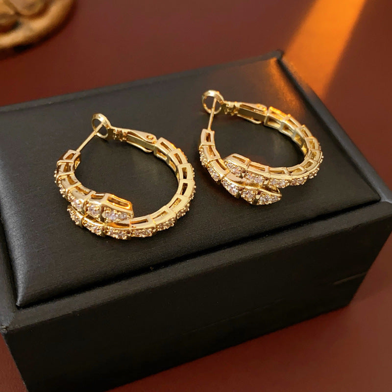 Chic Snake-Shaped Zirconia-Set Gold-Plated Copper Hoop Earrings for Women with Stainless Steel Posts