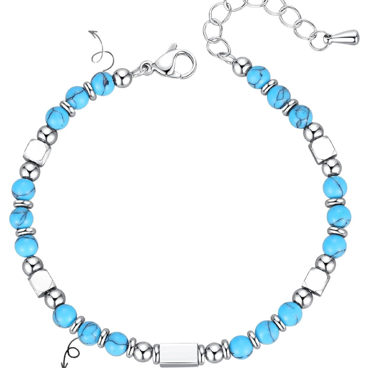Sweet Round Stainless Steel Bracelet with Turquoise and Crystal Inlay Unisex Adjustable Handmade Jewelry