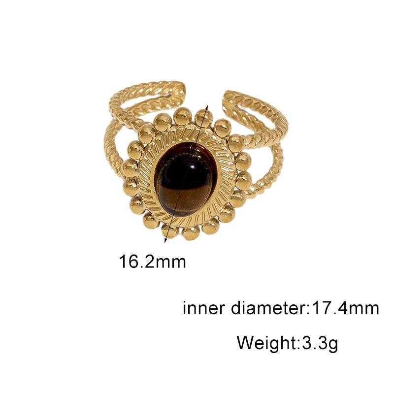 Vintage 18K Gold Plated Titanium Steel Open Ring with Tiger's Eye Inlay Round Oval Crown Design