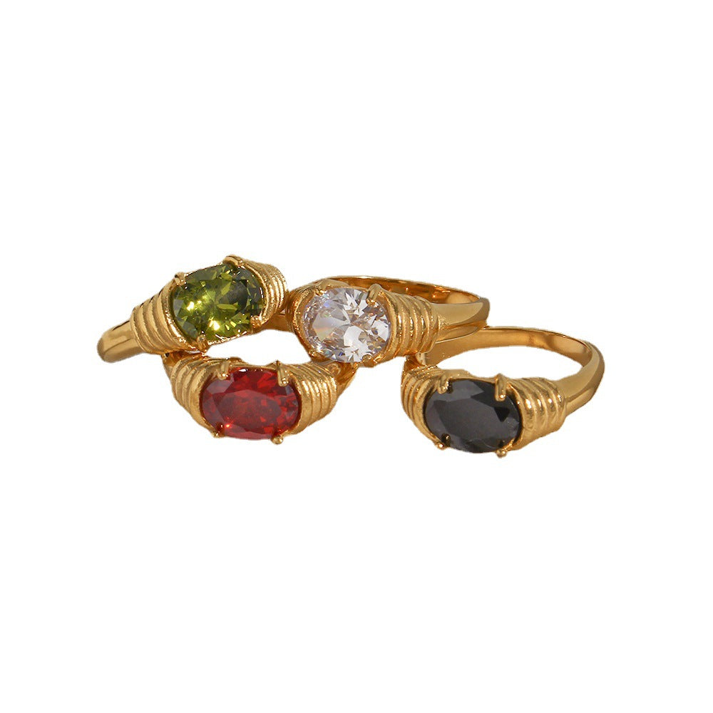 Anello ovale minimalista alla moda con zirconi in acciaio inossidabile con finitura placcata da donna