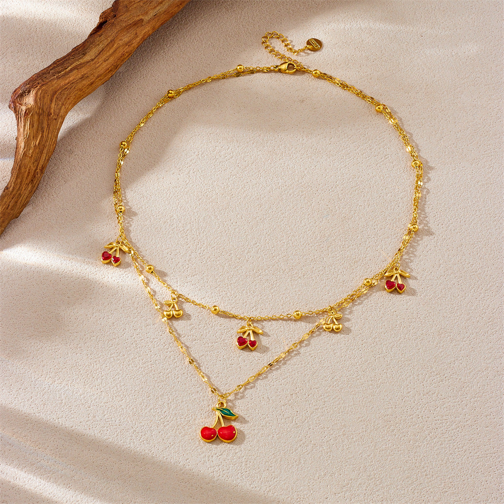 Sweet Rhinestone Drip Oil Cherry Fruit Pendant Gold Plated Stainless Steel Singapore Chain Necklace for Women