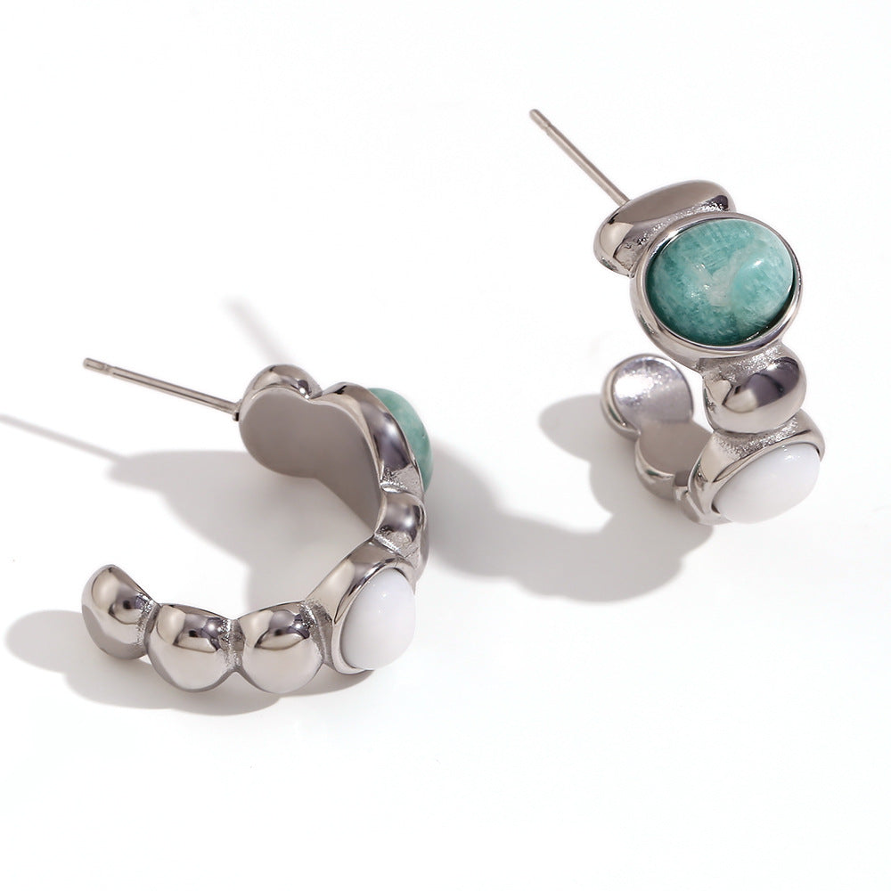 Fashionable Oval Stainless Steel Earrings with 18K Gold Plating and Hammered Texture Natural Stone for Women