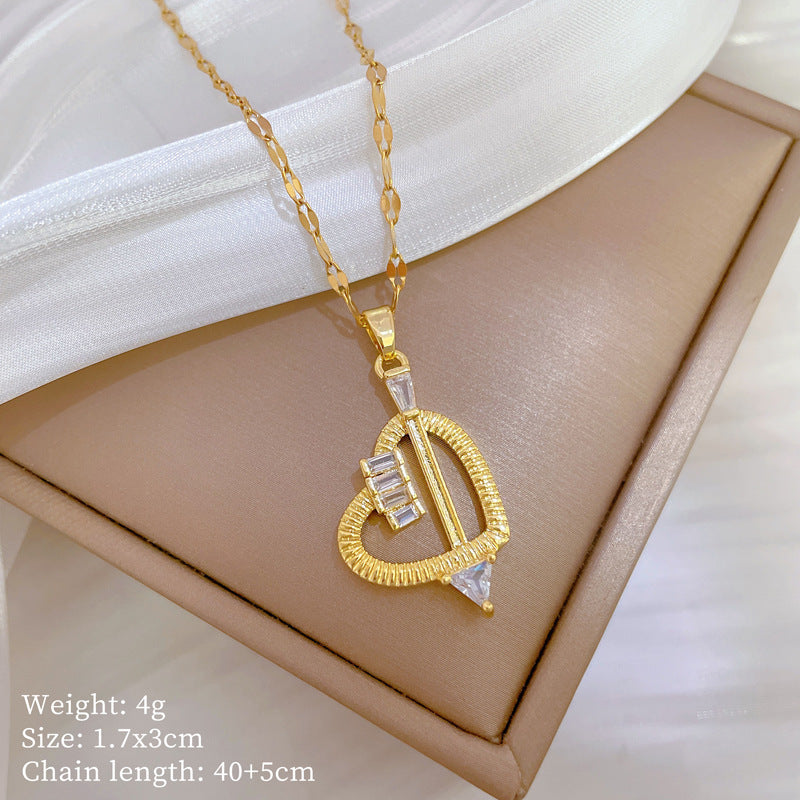 Minimalist Heart-Shaped Titanium Steel Necklace with Rhinestone Inlay for Women and Men, Delicate Clavicle Chain