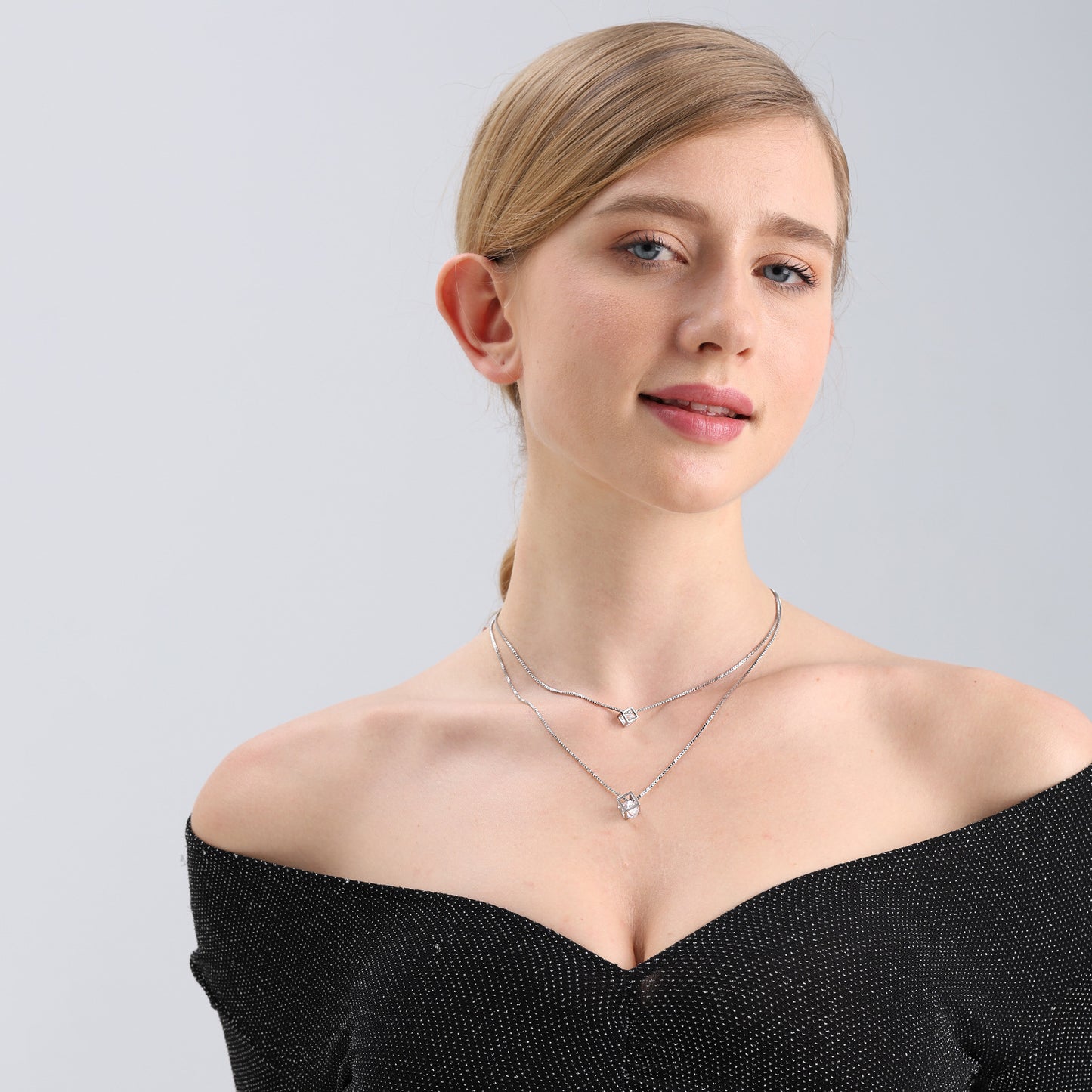 Geometric Cube Pendant Necklace for Women with Zircon Inlay on Double-Layer Alloy Box Chain with Plated Finish