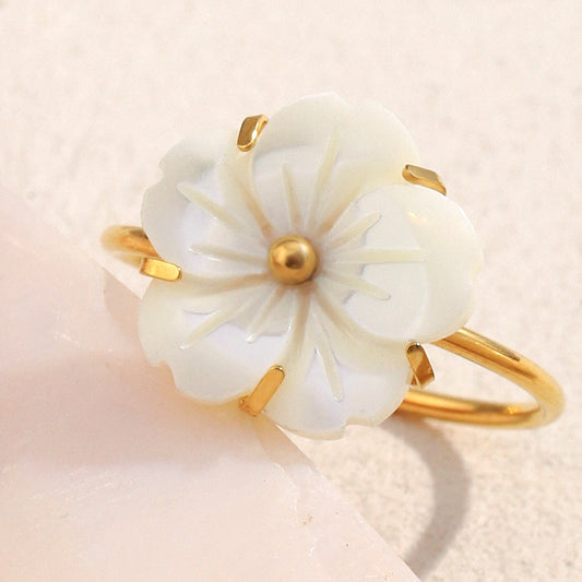 Elegant French-Inspired Floral Open Ring for Women Made of Stainless Steel with 18K Gold Plating and White Abalone Inlay