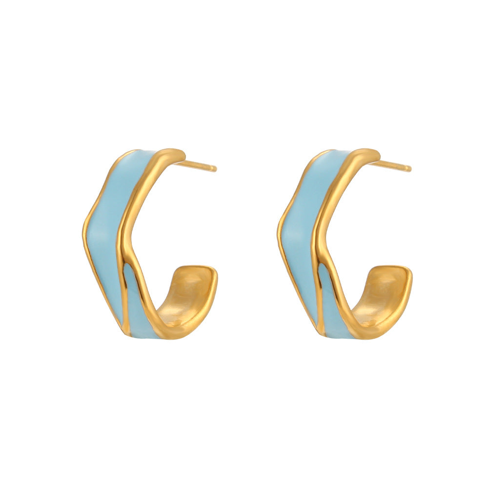 Fashionable Geometric Wheel-Shaped Stainless Steel Earrings with 18K Gold Plating and Enamel Coloring for Women
