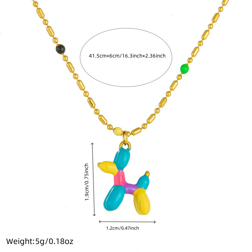 Cute Cartoon Enamel Balloon Dog Pendant Stainless Steel Bead Chain Necklace