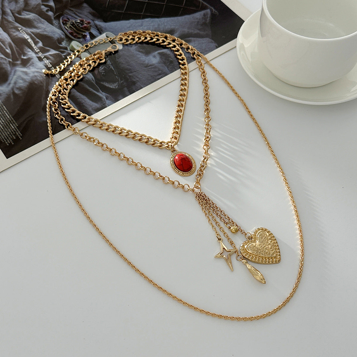 Punk Vintage Heart Shape Alloy Gemstone Inlay Plated Multi-layer Necklace for Women