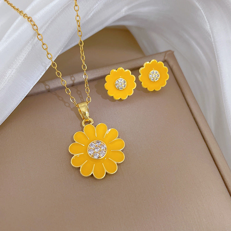 Sweet Elegant Drip Oil Plant Rhinestone Titanium Steel Necklace Set for Unisex