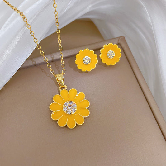 Sweet Elegant Drip Oil Plant Rhinestone Titanium Steel Necklace Set for Unisex
