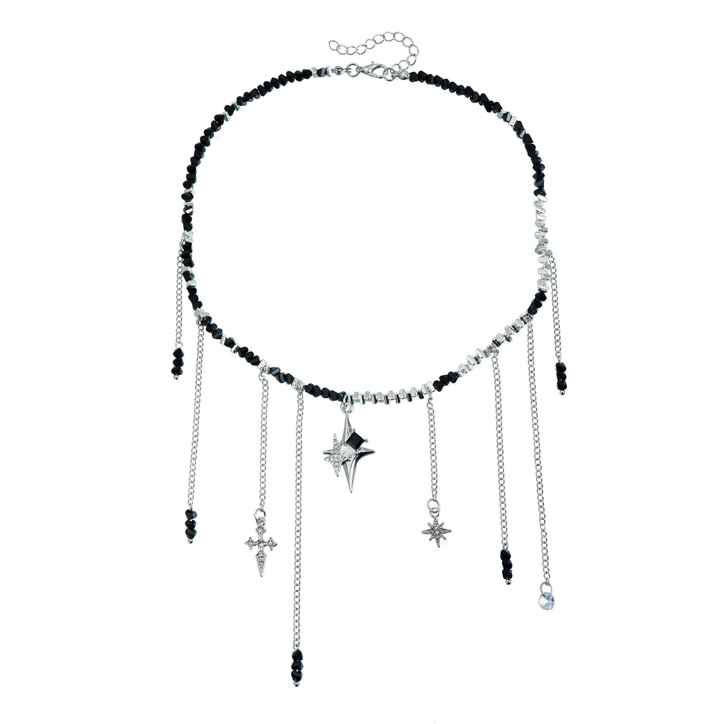 Y2K Streetwear Star Cross Geometric Alloy Plated Necklace with Tassel and Black Beads