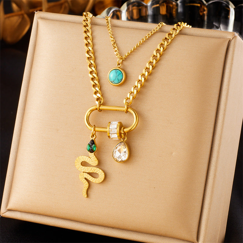 Collana Pendente Quadrata Turchese Minimalista Vintage con Catena Serpente Doppia Strato in Acciaio Inossidabile Placcato Oro